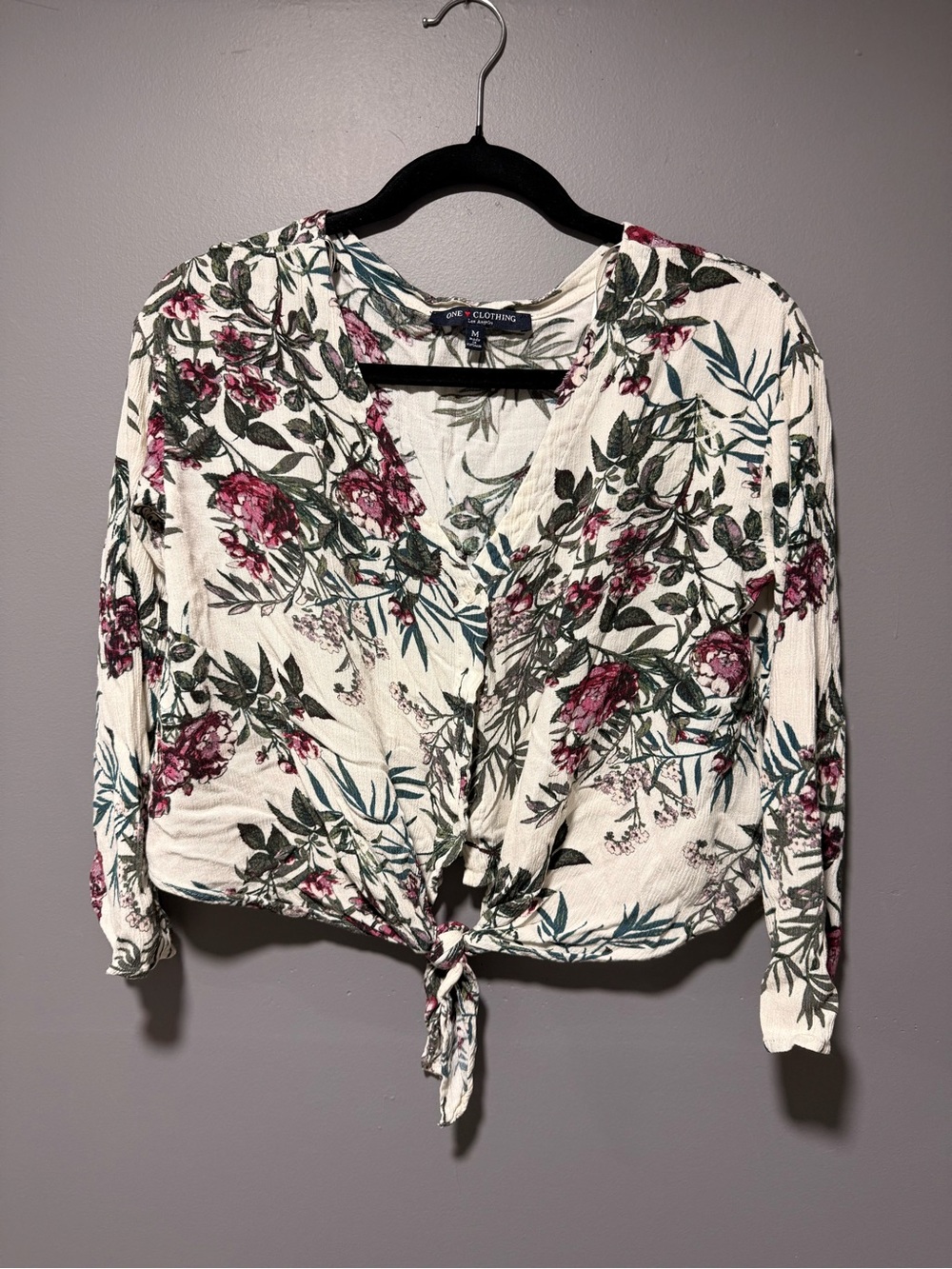 One Clothing White Floral Tie-Front Blouse with Pink Accent
